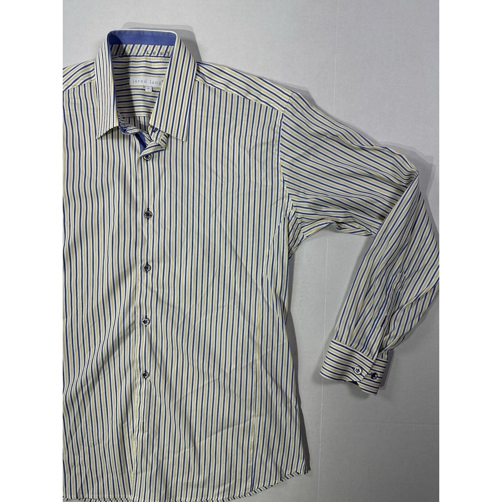 Jared Lang Men's Medium Dress Shirt Blue Yellow Stripe Button Front Slim Fit